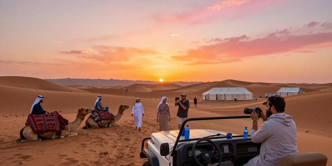 Adventurers enjoying a desert safari with slot vehicles at sunset