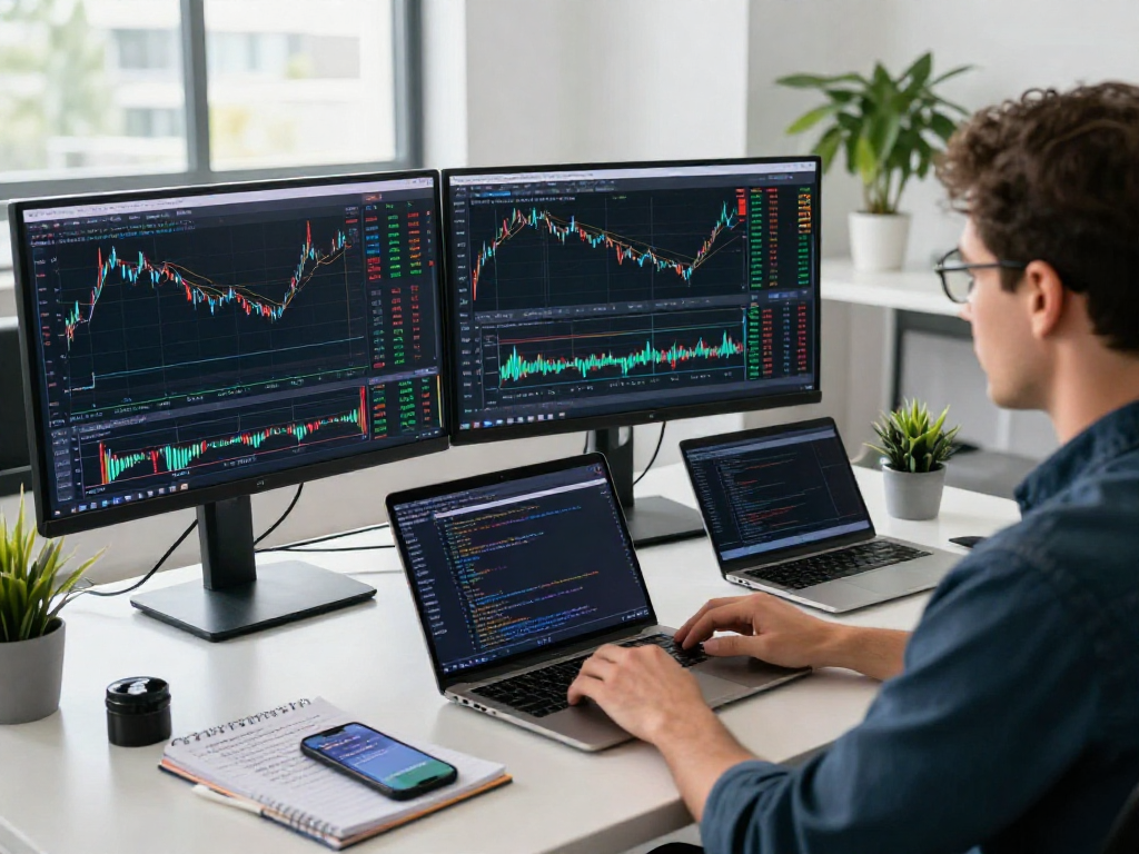 Metatrader 5 trading environment with financial analyst reviewing charts and automated trading strategies.