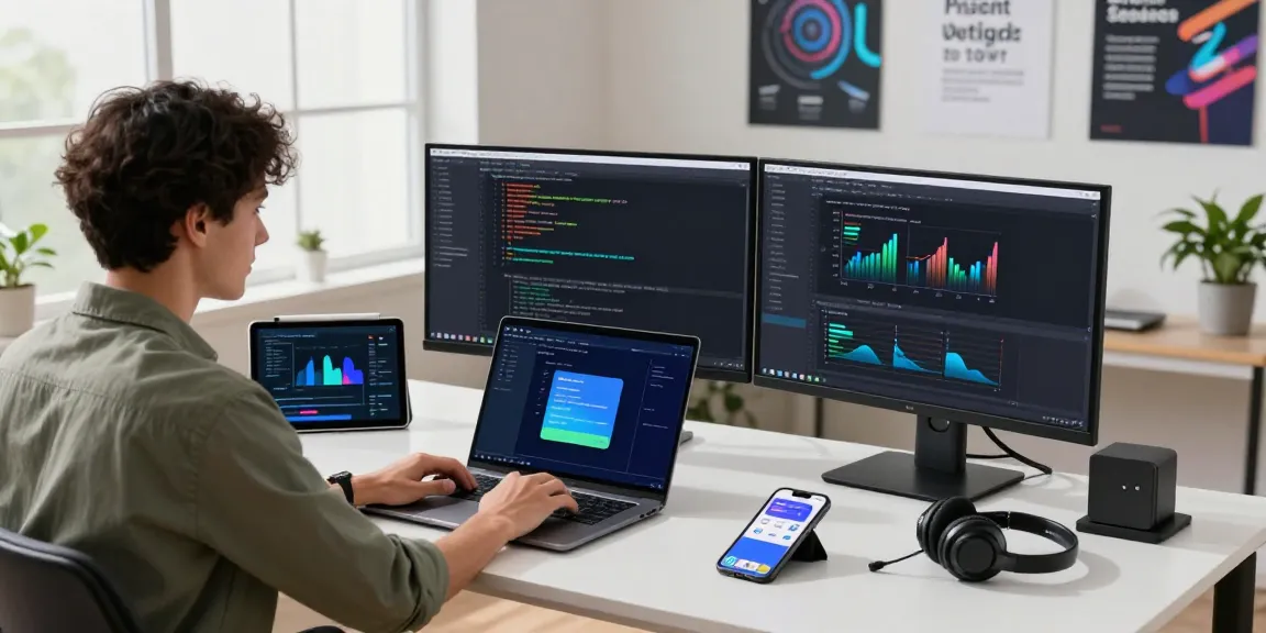 快连 network optimization software developer working in a modern tech workspace with multiple screens and gadgets.