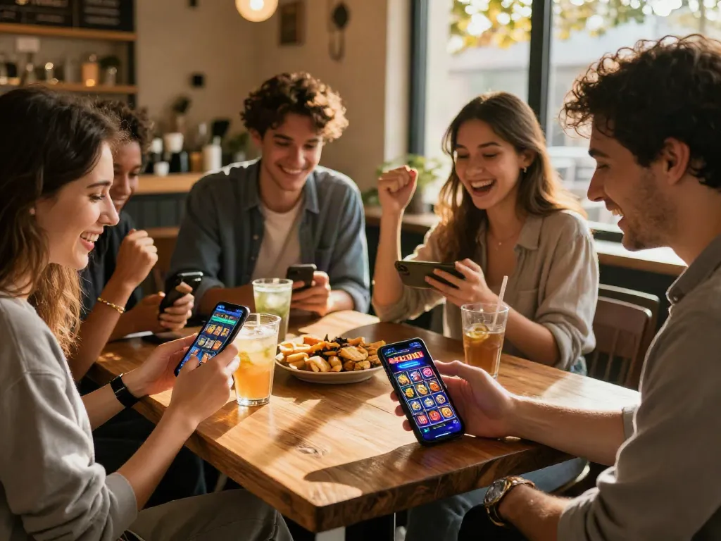 Luxury12 online gaming experience with friends enjoying slots at a coffee shop, showcasing excitement and casual atmosphere.