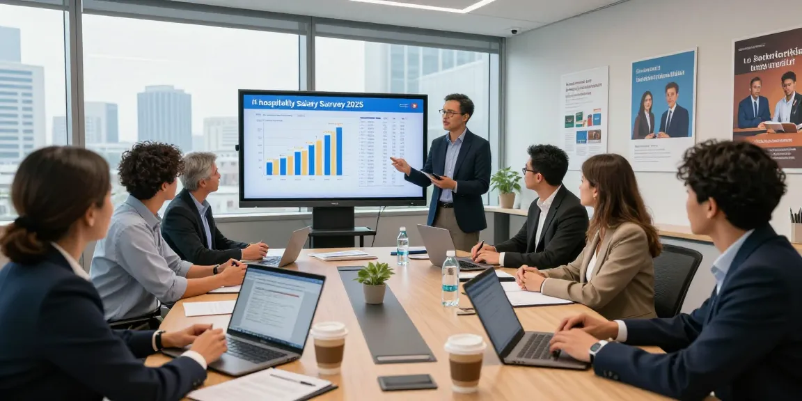Team discussing insights from the hospitality salary survey 2025 in a modern conference room, presentation visuals and collaborative atmosphere.