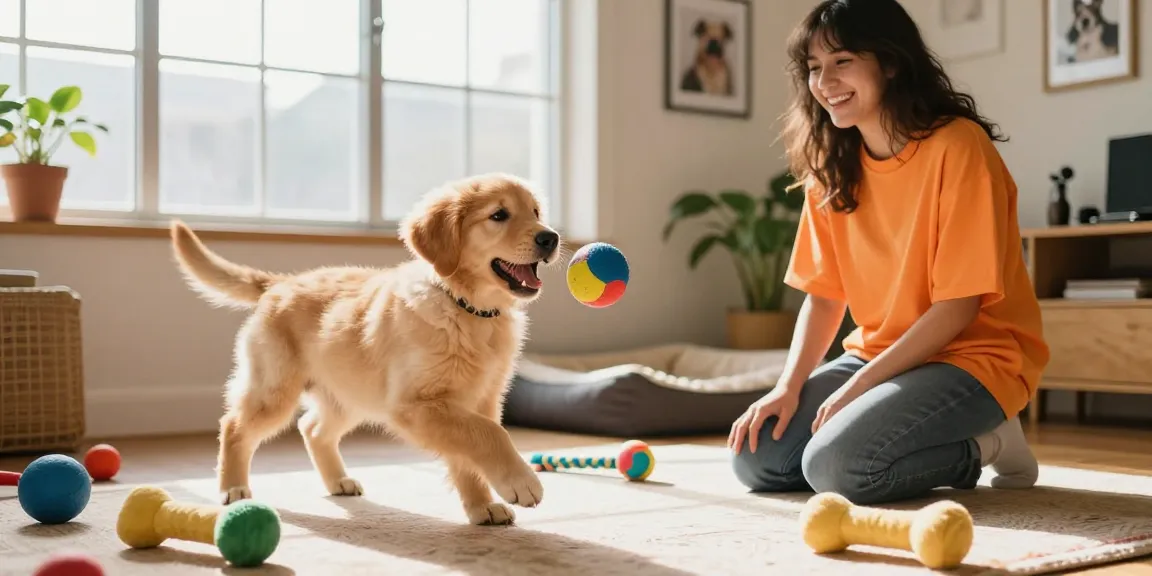 Golden retriever puppy playing fetch with owner, enjoying NAGA2000 pet toys.