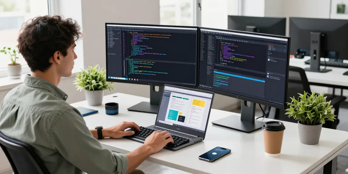 快连 software development workspace with dual monitors displaying code and app designs.