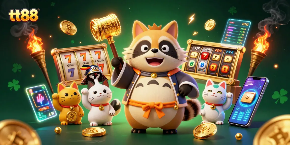 Experience the thrill of tt88 slot games alongside cheerful characters in a vibrant 3D casino scene.