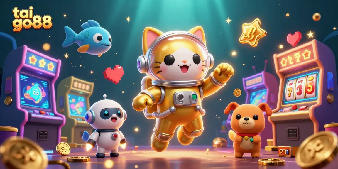 Playful scene showcasing tai go88 with an astronaut cat, robot dog, and vibrant slot elements, capturing vibrant casino energy.