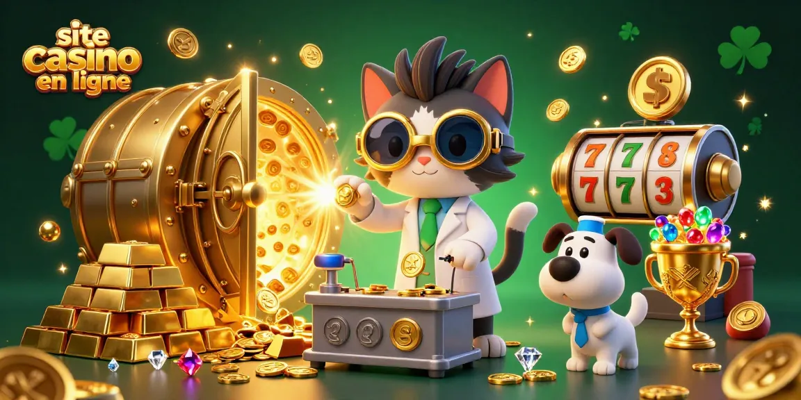 Jouez sur le site de casino en ligne avec le chat scientifique et son chien assistant, entourés d'or et de trésors en 2026.
