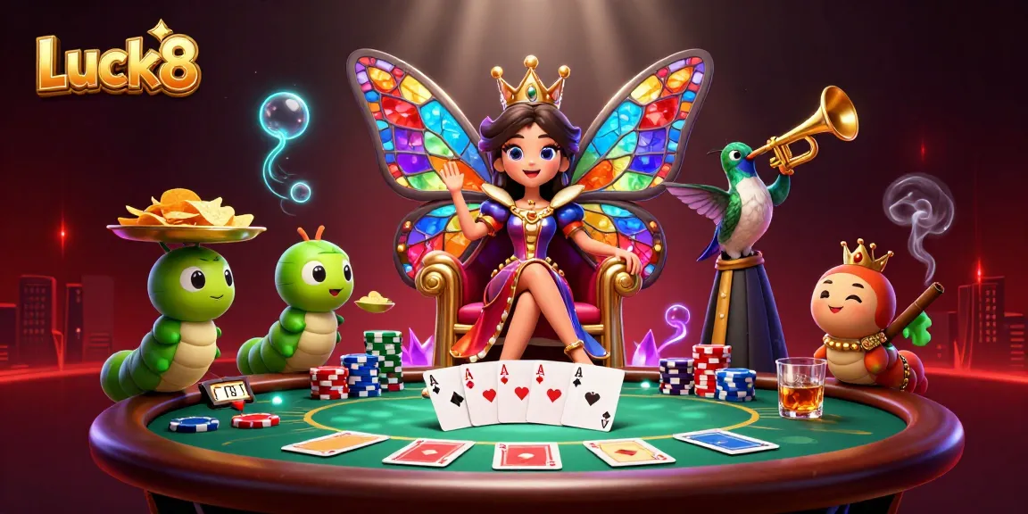 Experience the colorful Luck8 gaming scene with a butterfly queen and poker elements.