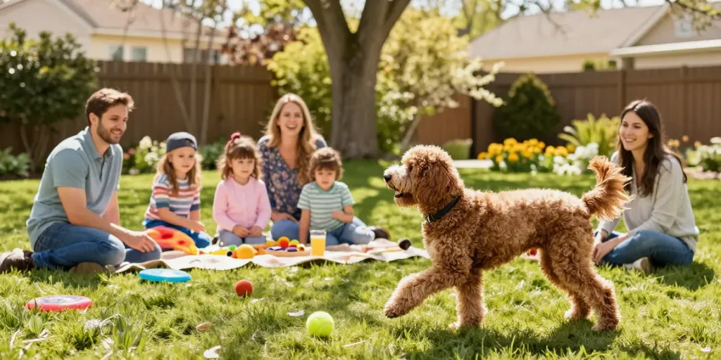 A family enjoying quality time with a Springerdoodle as a family dog in a sunny backyard setting.