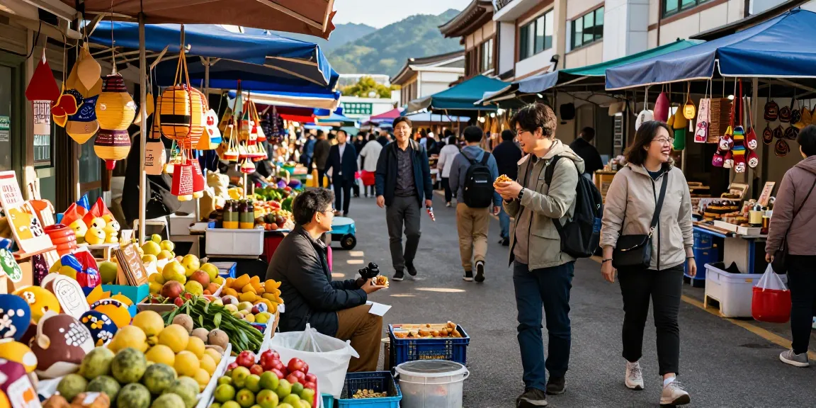 선청 시장에서 여행자들이 지역 상인과 교류하며 즐기는 생동감 넘치는 장면. https://www.danbamop.com/suncheon-op 에서의 다양한 경험을 강조합니다.