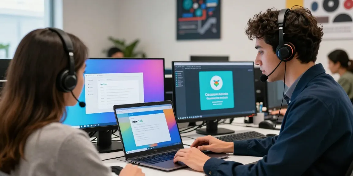 Professional Telus-Technical-Support assisting a user in a modern office with technical materials.