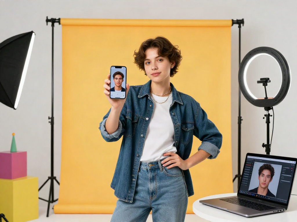 Young individual showcasing how old do I look using AI age estimation in a bright photography studio.