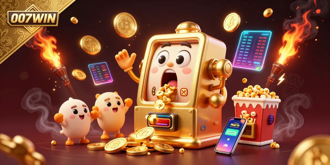 Experience the excitement of 007WIN with vibrant cartoon slot machines hitting jackpots amidst glowing cryptocurrencies.