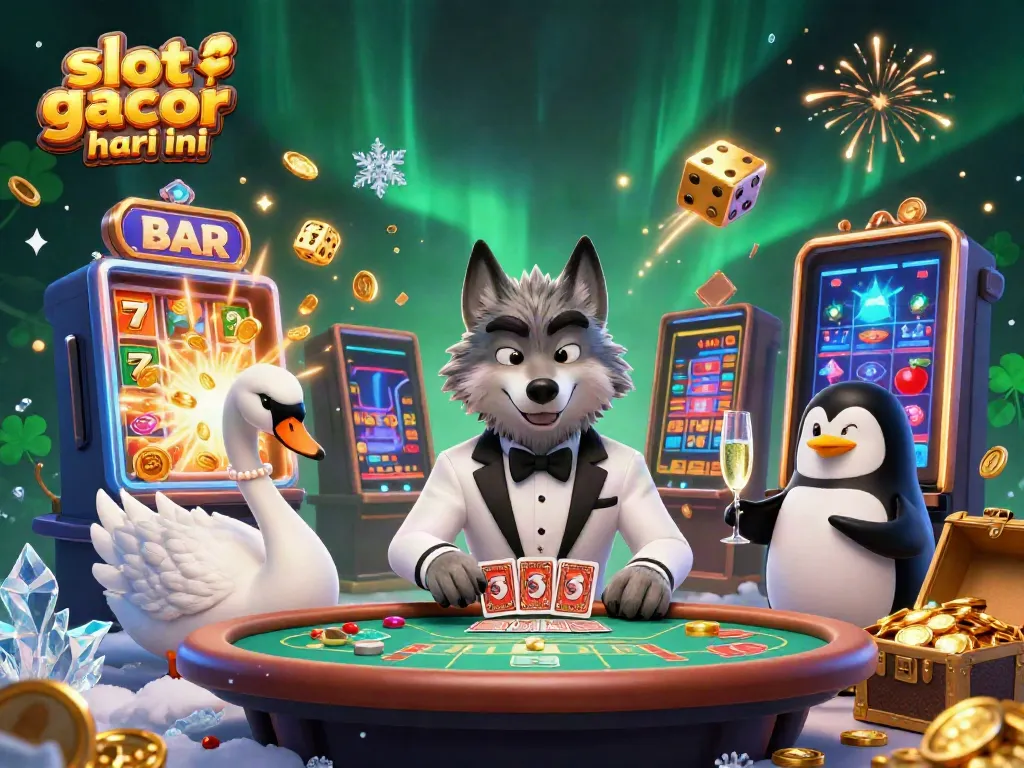Bermain di slot gacor hari ini dalam ilustrasi 3D menampilkan karakter kasino menarik dan jackpot berlimpah.