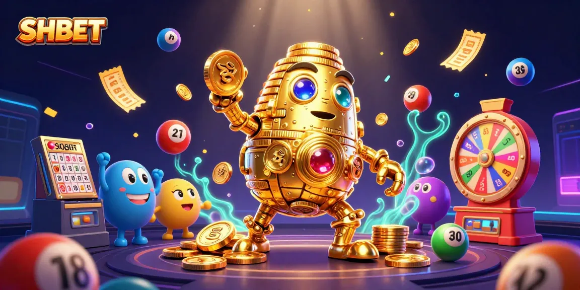 Experience the thrill of SHBET with a golden golem and vivid game elements showcasing dynamic lottery and casino excitement.