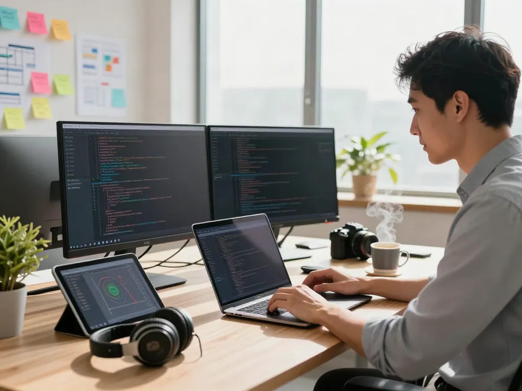 Brave developer coding on dual monitors in a modern tech workspace
