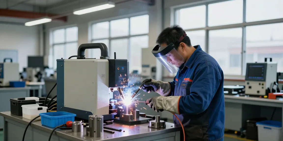 Technician using an induction welder for precision metalwork in a well-lit industrial workshop.