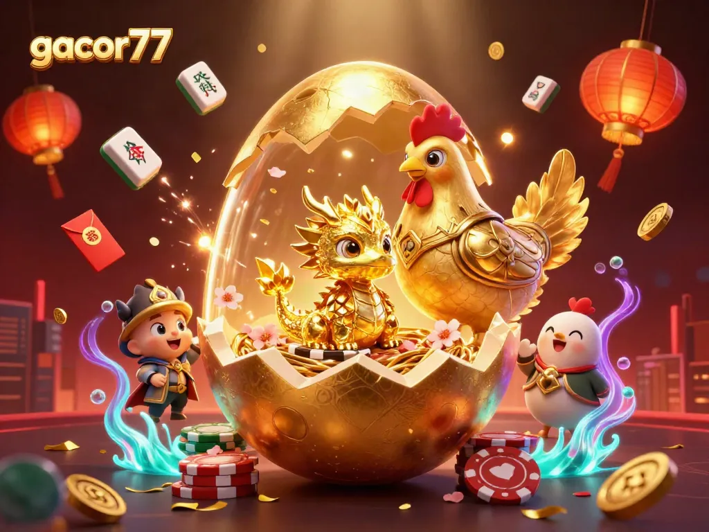 Gacor77 menampilkan naga emas berkilau dan simbol keberuntungan di kasino online.