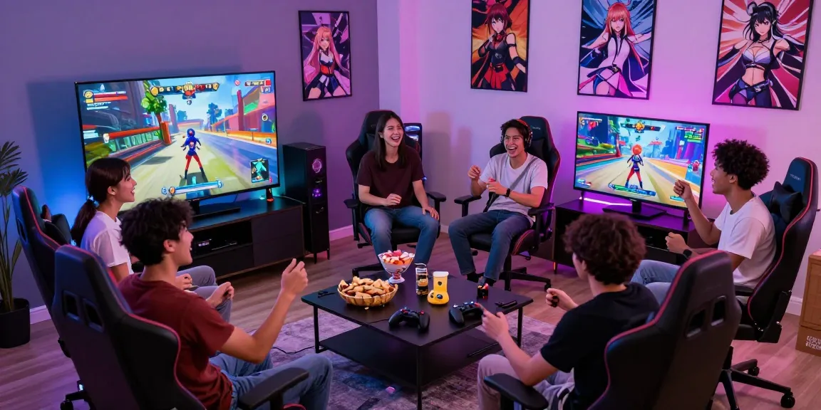 Players enjoying a hentai game in a lively gaming environment, showcasing excitement and anime culture.