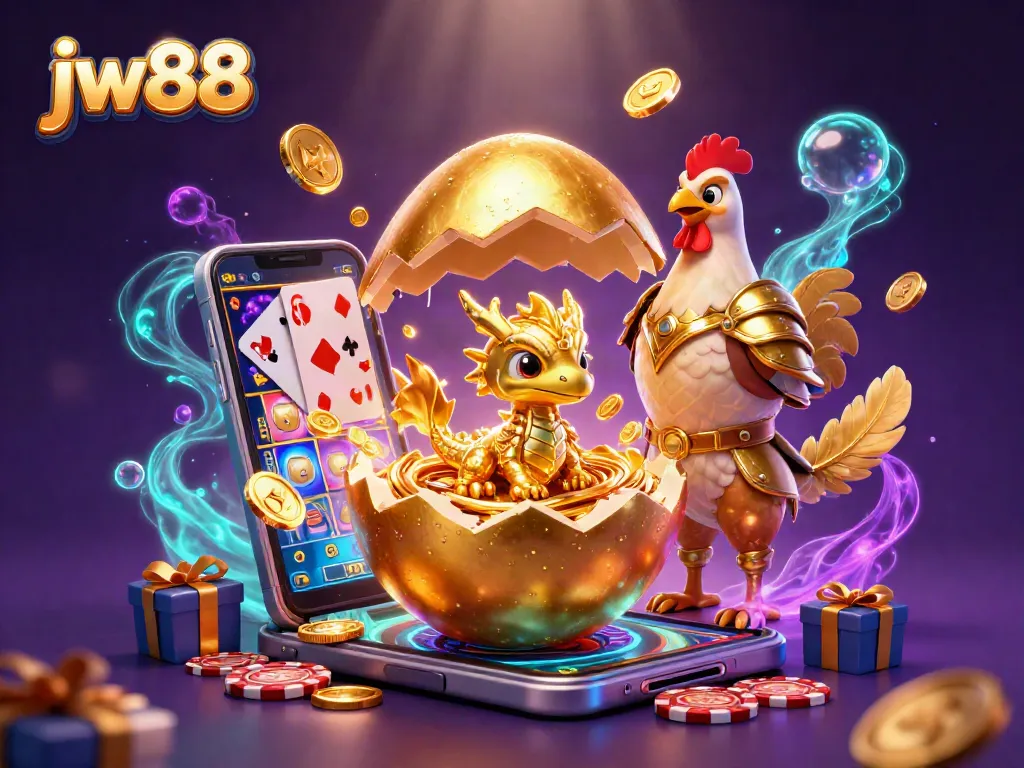 Engage with jw88's vibrant online casino features, showcasing a golden dragon and poker chips amidst dynamic gaming elements.