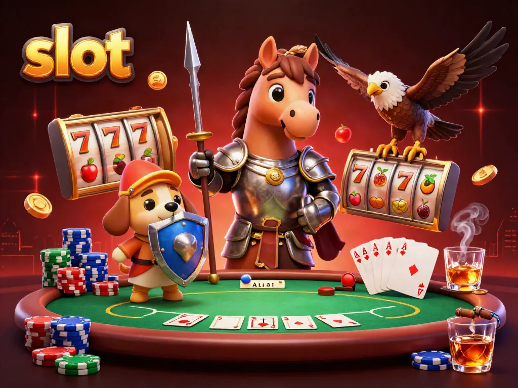 Gambarlah slot dengan karakter ksatria berkuda, anjing squire, dan falcon, dikelilingi simbol-simbol permainan.