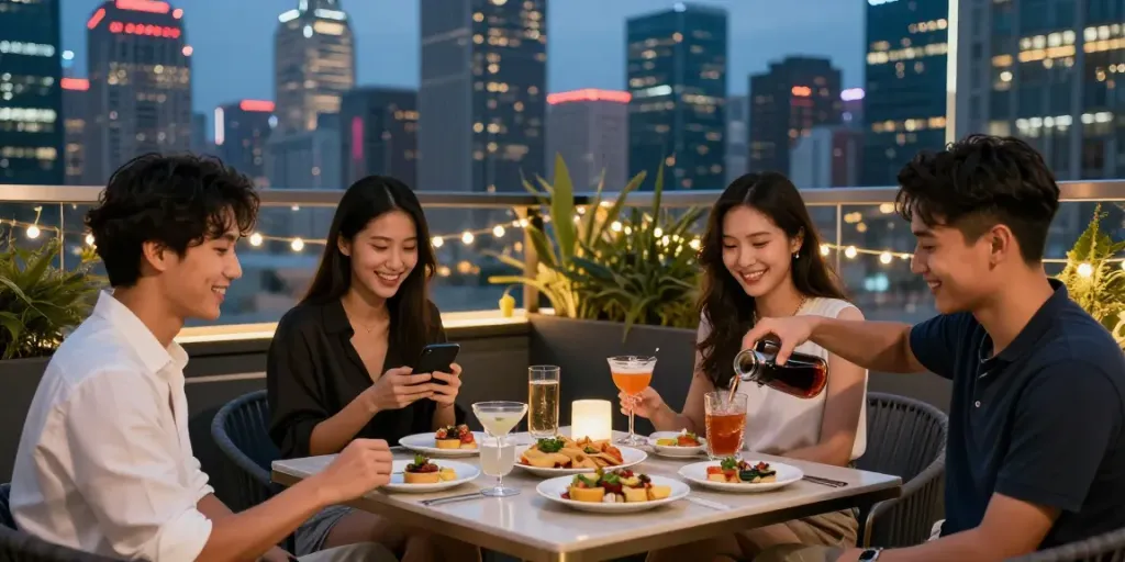 Friends enjoying luxury333 socializing at a vibrant rooftop lounge with cocktails and city skyline views.