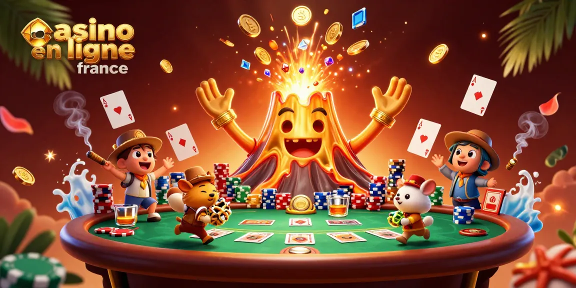 Plongez dans l'univers captivant du casino en ligne France avec cette illustration dynamique qui met en scène un volcan doré et des trésors.