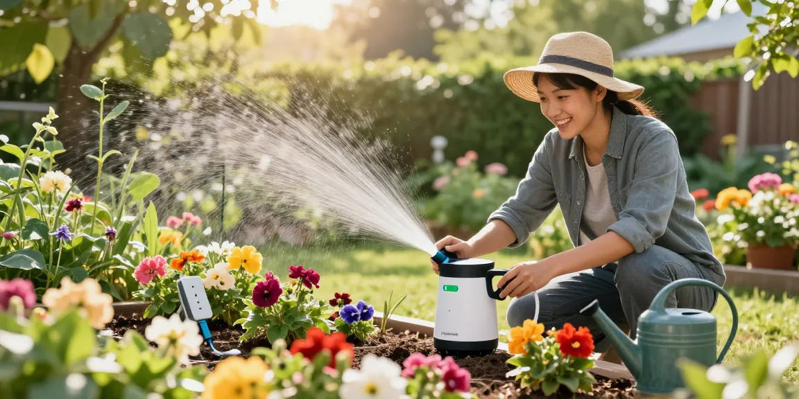 Garden with a gardener using a rainpoint automatic watering system to nourish plants