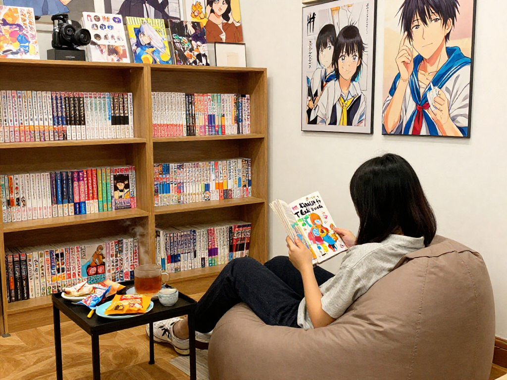 Cozy manga reading corner with the book "Kwon to Melt Book" for More Information on reading experiences.