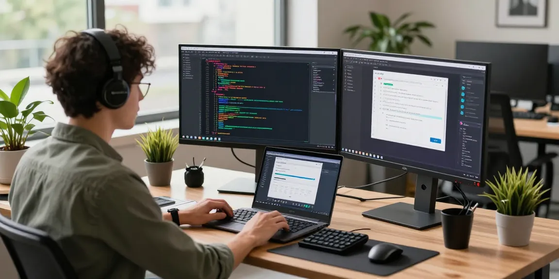 Developer coding at a standing desk with dual monitors displaying vibrant code and design software, illustrating 纸飞机中文版 usage in a modern tech workspace.