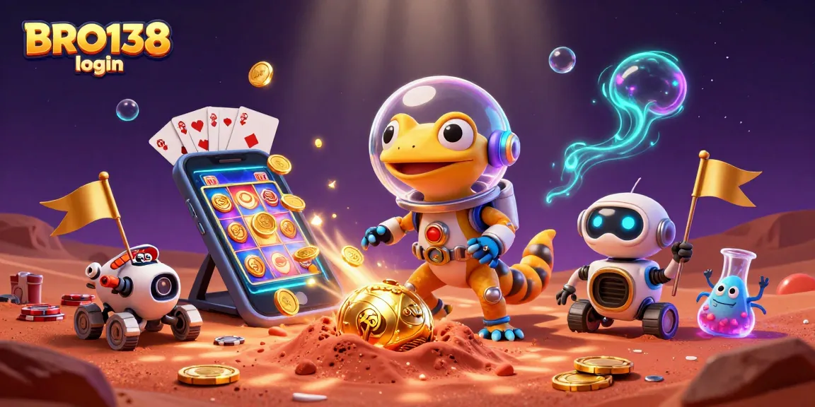 Engage with BRO138 login by spinning slots in a vibrant, casino-style Martian adventure scene.