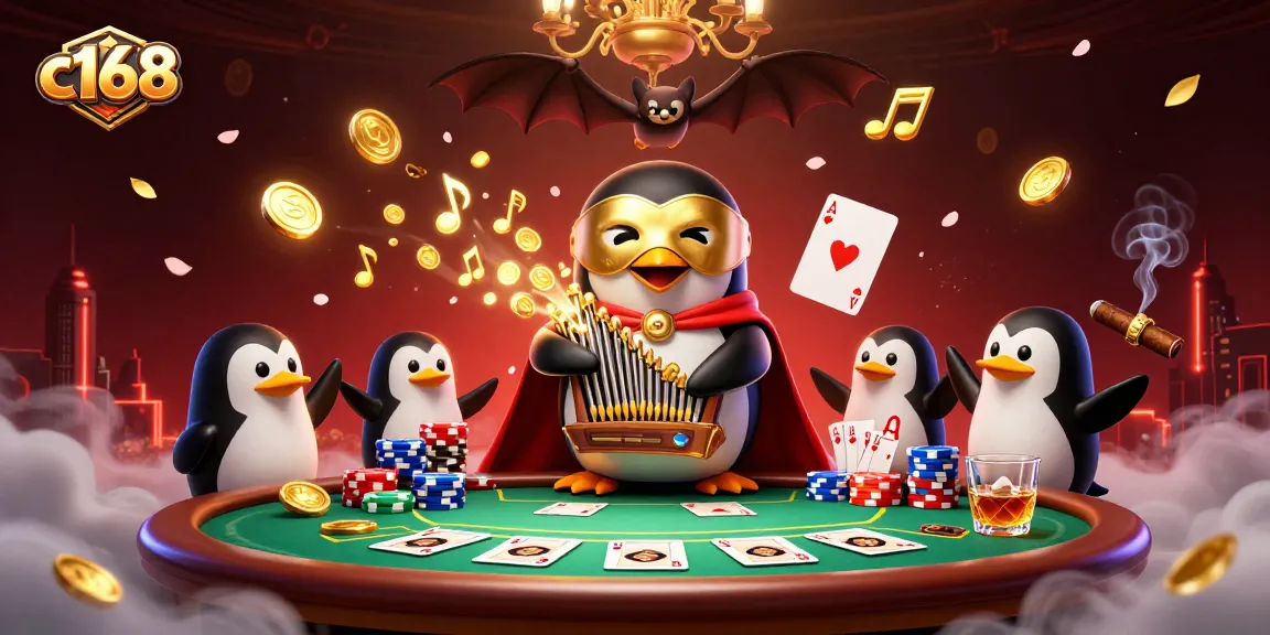 C168 casino penguin character playing organ with coins, dynamic poker scene, golden accents.