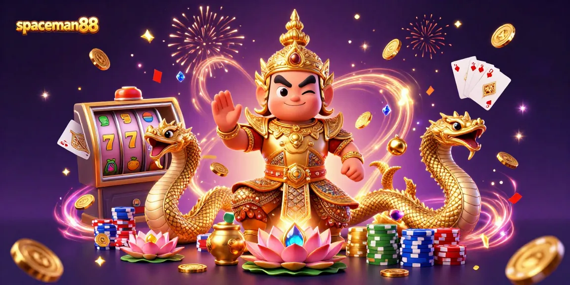 Spin the reels and win big with spaceman88 in this vibrant casino-themed illustration.