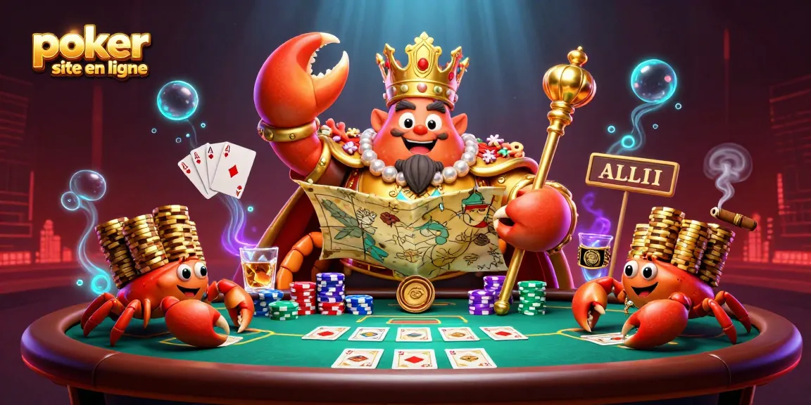 Gagnez au poker site en ligne avec cette illustration dynamique de crabe roi, jetons et cartes