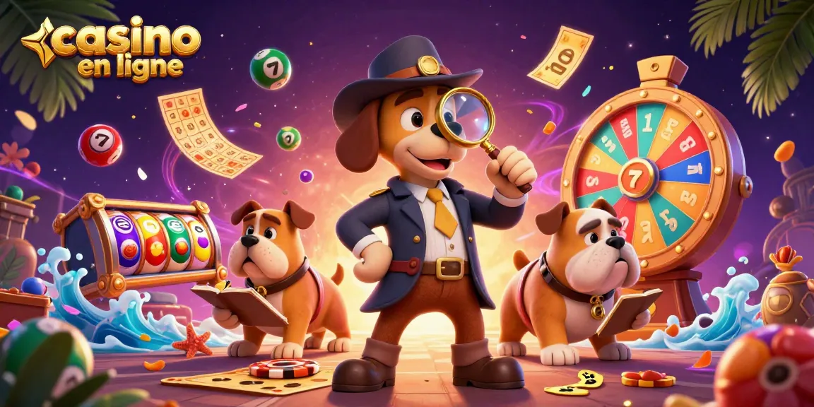 Participez à un gameplay palpitant au casino en ligne avec un détective et son bulldog explorant des indices de poker.
