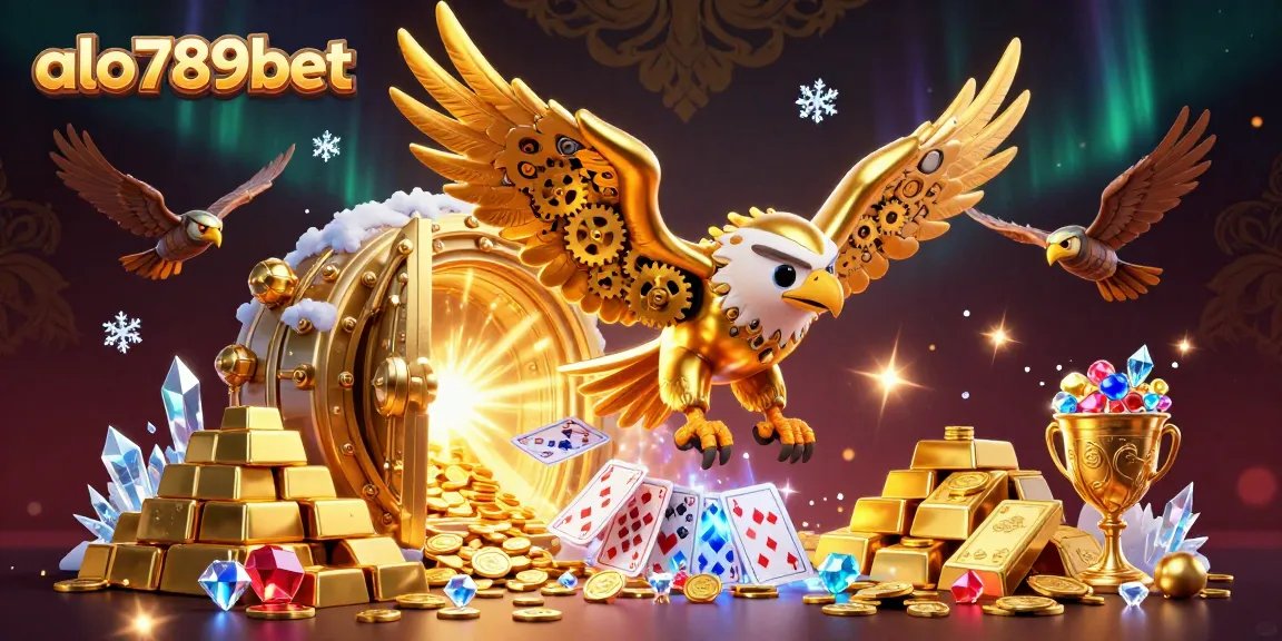 Experience the thrill of betting at alo789bet with a dazzling 3D illustration of a cybernetic eagle and casino elements.