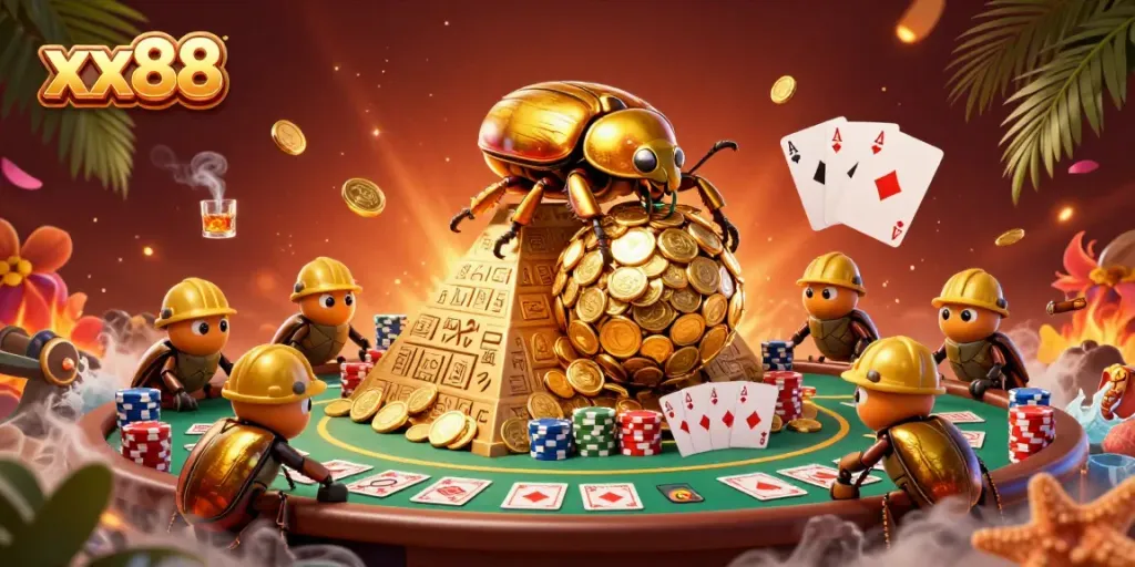 Experience winning strategies at xx88 with dynamic casino-themed 3D illustration showcasing vibrant beetles and casino elements.