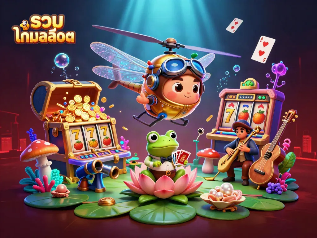 Experience the exciting world of รวมเกมสล็อต with animated characters and dynamic slot game elements in a vibrant casino scene.