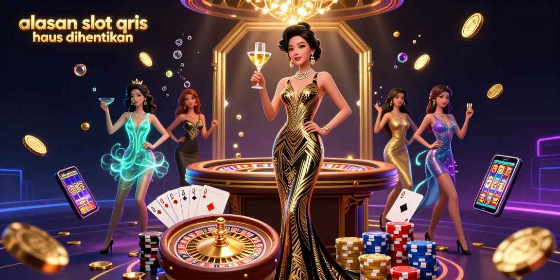 Engaging scene depicting the warning about alasan slot qris harus dihentikan with a glamorous casino atmosphere full of action.
