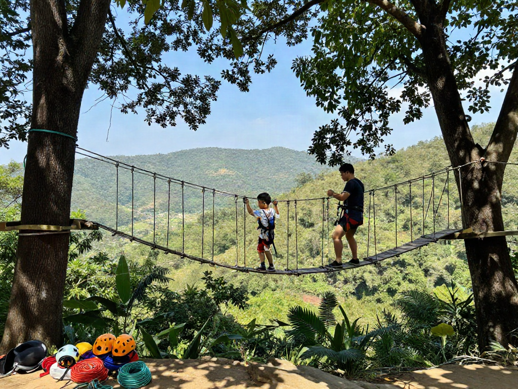 Rope Bridge design featuring a child and adult crossing a vibrant suspended bridge among trees, highlighting adventure and safety.