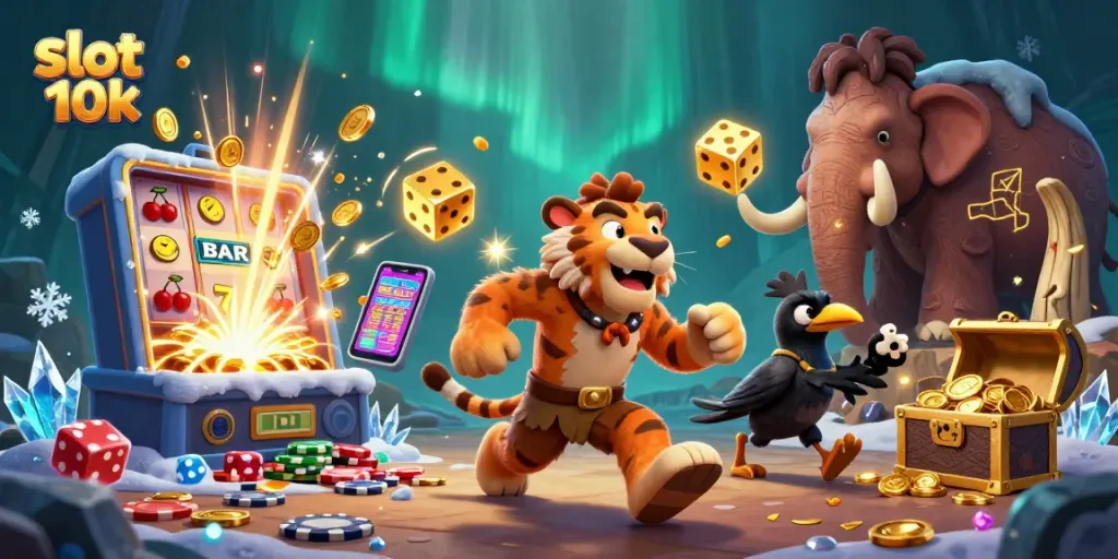Mainkan slot 10k dengan keseruan jackpot dalam ilustrasi kasino futuristik.