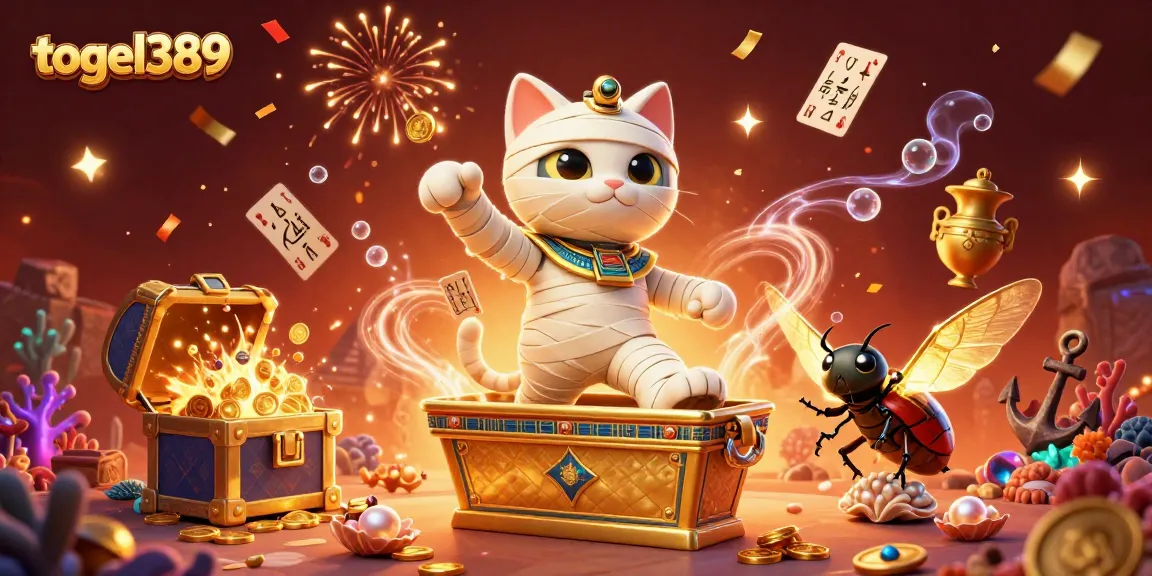 Immerse yourself in togel389 with a vibrant illustration of a mummy cat and a scarab beetle in a casino scene.