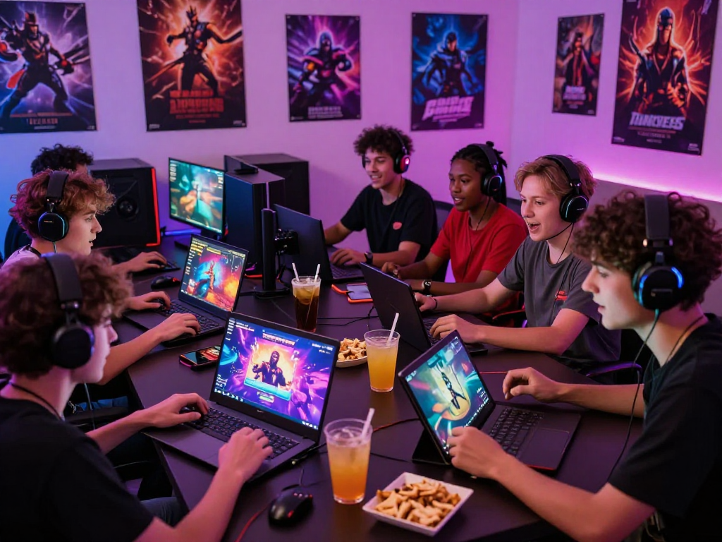 Group of gamers enjoying popular porngames during a lively gaming session