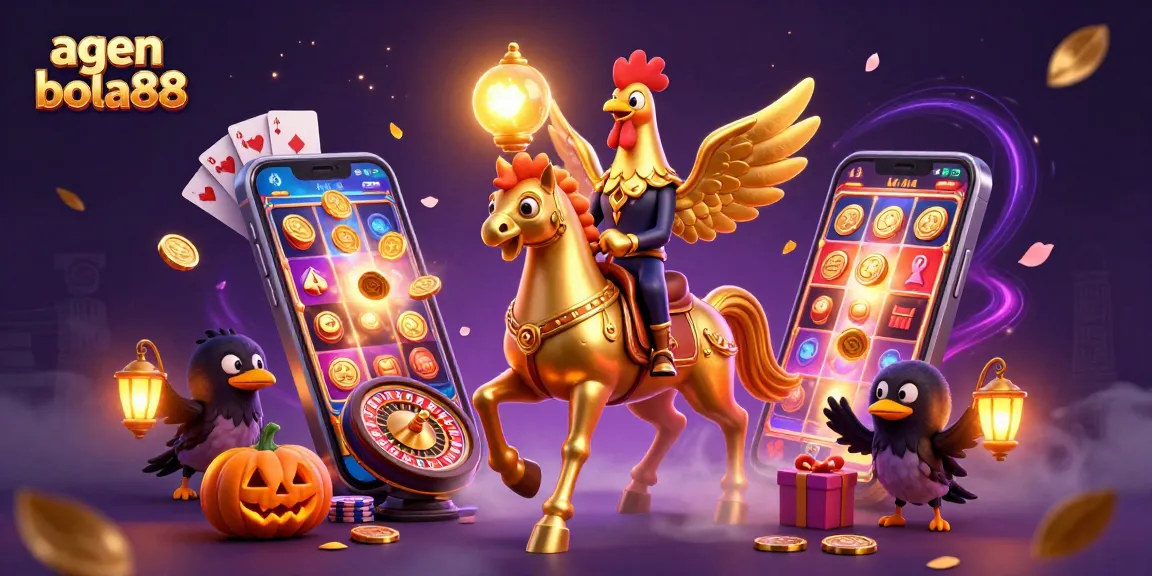 A dynamic scene showcasing agen bola88 with a golden rooster and lantern-carrying crows amid vibrant casino elements.