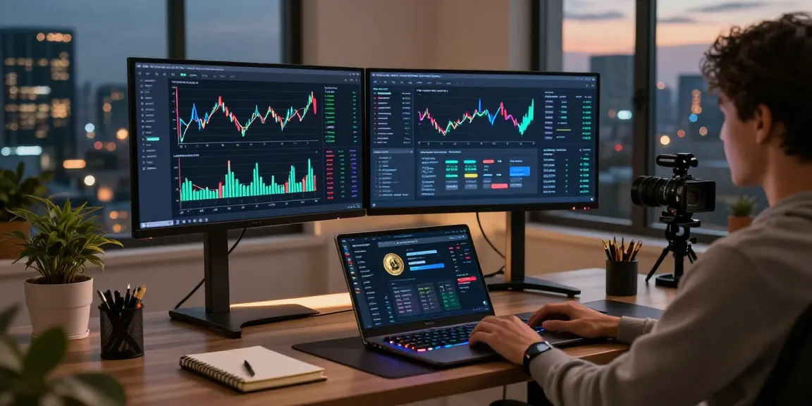 Funexchange platform workspace showcasing cryptocurrency trading and DeFi insights on multiple screens in a modern home office.