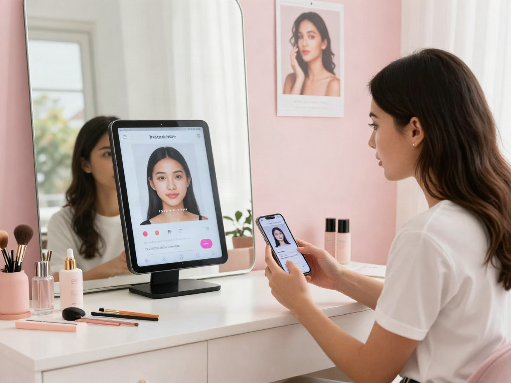 Test attractiveness with AI analysis in a modern beauty studio, showcasing self-reflection and empowerment.