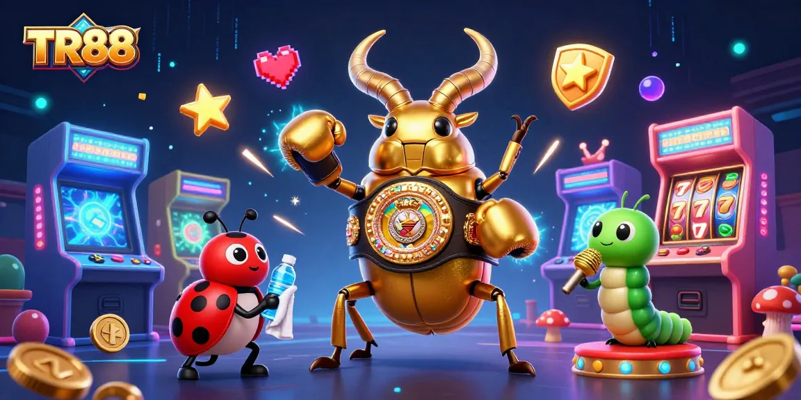 Engage with TR88's captivating gaming scene showcasing a vibrant cartoon beetle champion surrounded by arcade elements.