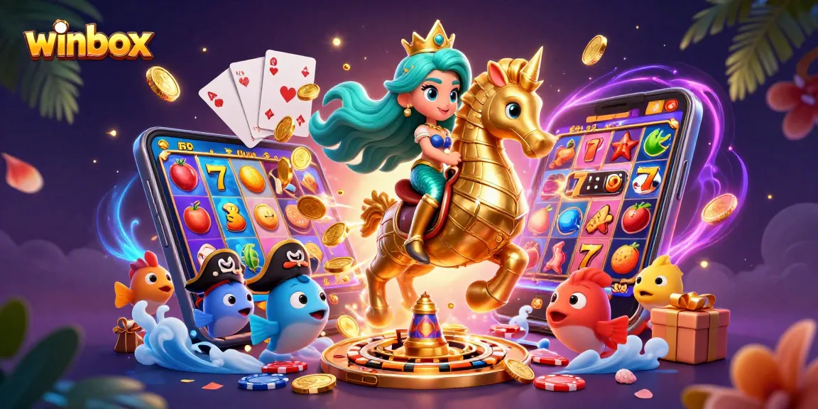 Winbox gaming scene with a mermaid, giant seahorse, and vibrant casino elements.