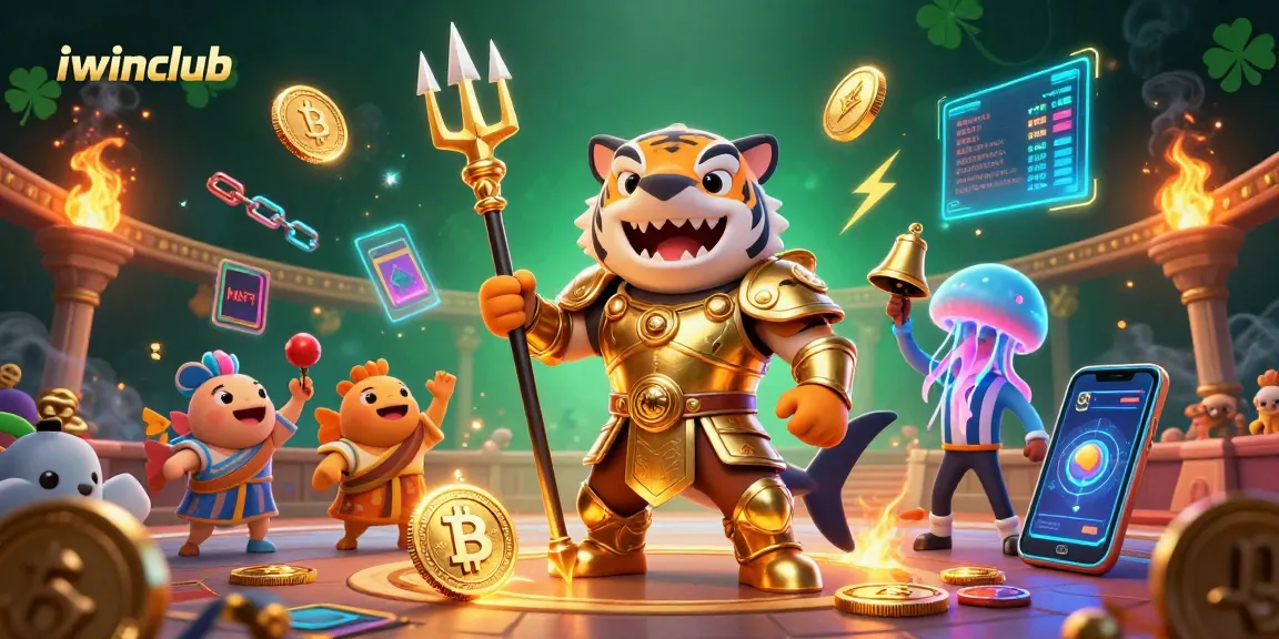 Experience thrilling underwater gaming with iwinclub's dynamic shark gladiator in a vibrant casino scene.