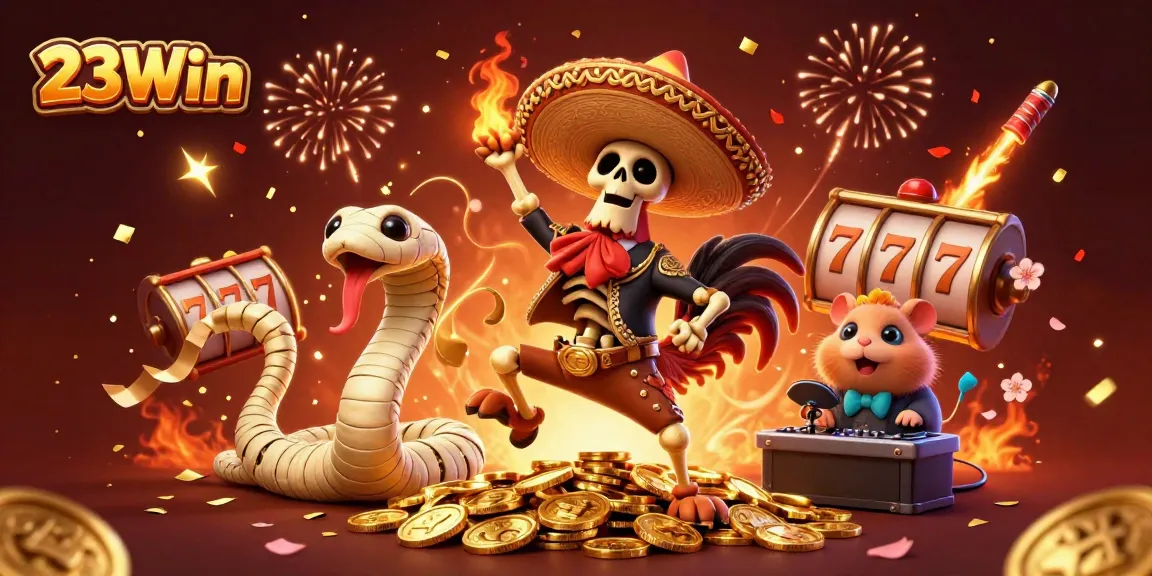 Experience exciting wins with 23Win as a lively mariachi rooster dances on coins amidst vibrant casino elements.