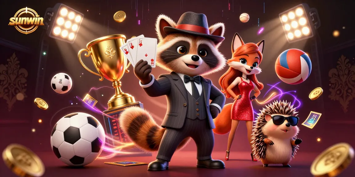 Sunwin's engaging scene showcasing a suave raccoon, a charming fox, and a bouncer amidst vibrant casino elements.